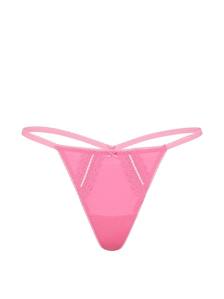Tanga de bumbac cu inserții Lace-Trim. Produsul este roz și provine din colecția Victoria's Secret.