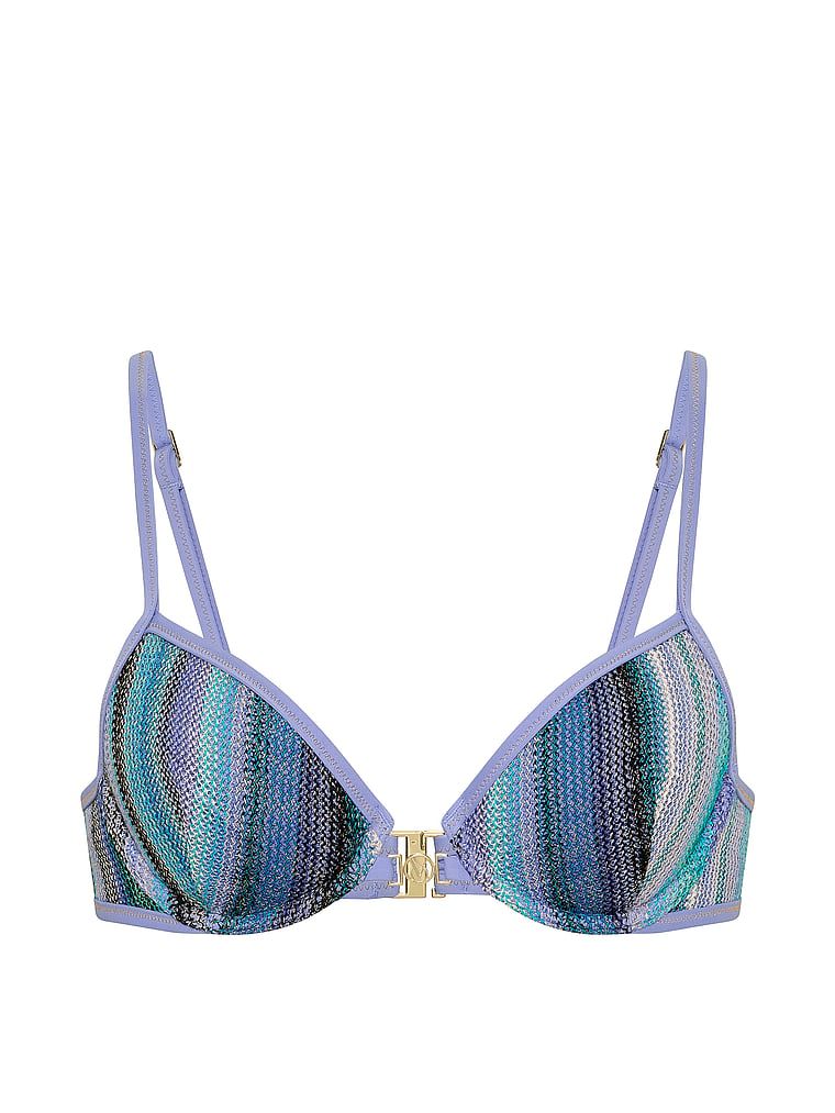 Bluza de bikini cu dungi strălucitoare. Produsul este modelat și provine din colecția Victoria's Secret Swim.