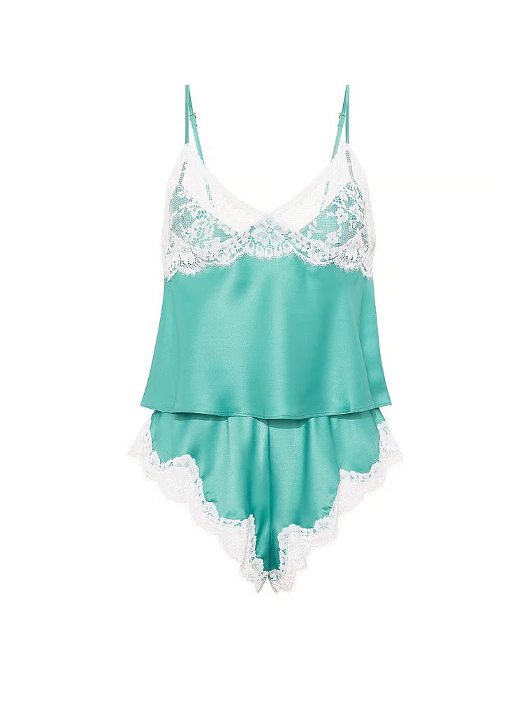 Set de dormit din satin cu dantelă. Produsul este albastru și provine din colecția Dream Angels.