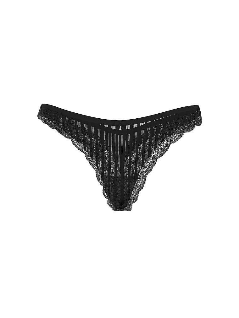 Tanga cu bretele și picioare înalte, Tease Sheer Stripe. Produsul este negru și provine din colecția Victoria's Secret.