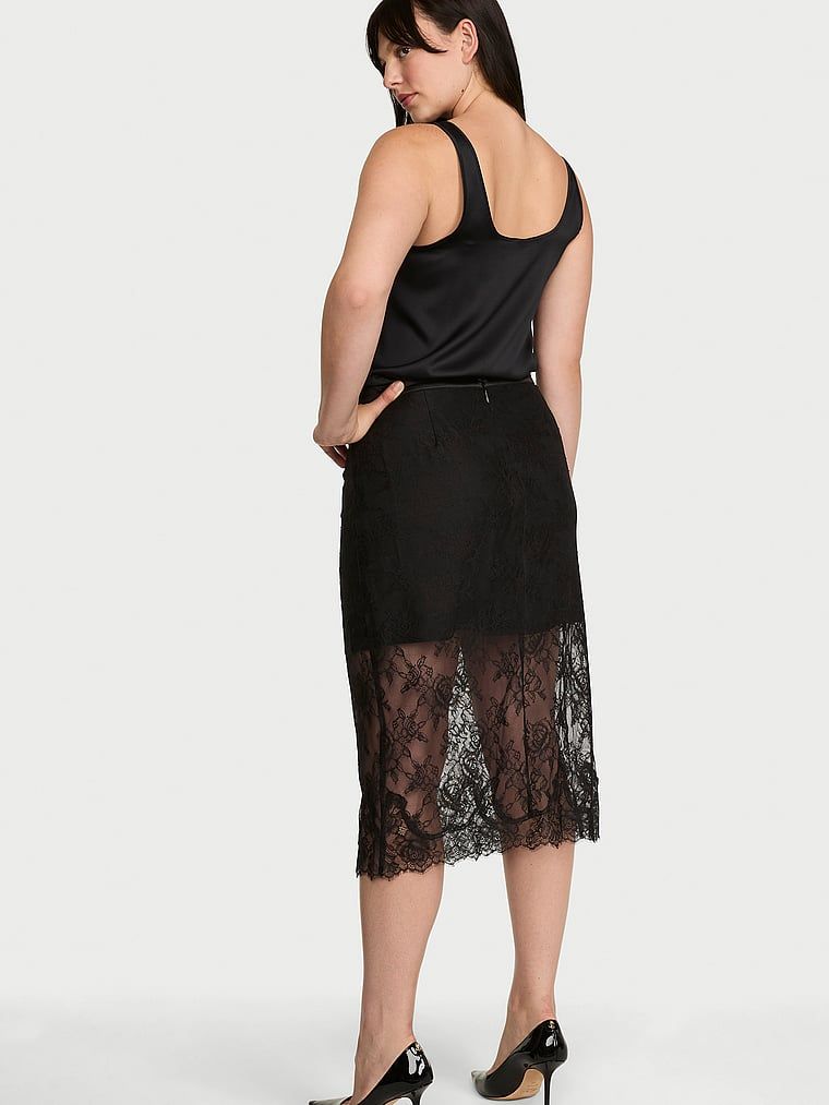 Fustă cu inserție midi din dantelă. Produsul este negru și provine din colecția Very Sexy.