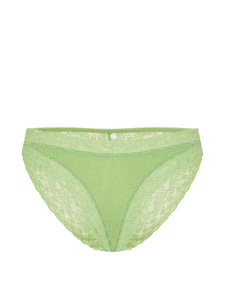Chiloți de bumbac cu dantelă la spatele costumului de baie. Produsul este de culoare verde și provine din colecția Lace Trim.