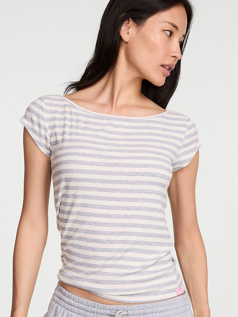 Angel Essentials Tricou cu nervuri și decolteu barcă, stilul emblematic VS