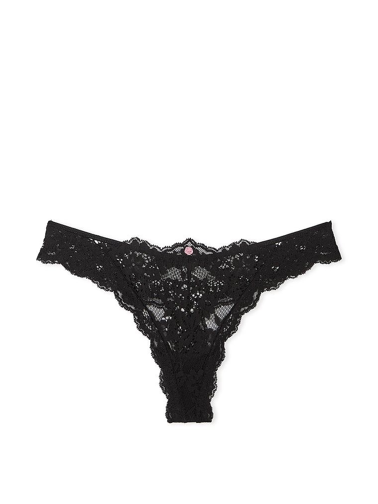 Tanga cu dantelă dantelă. Produsul este negru și provine din colecția Dream Angels.