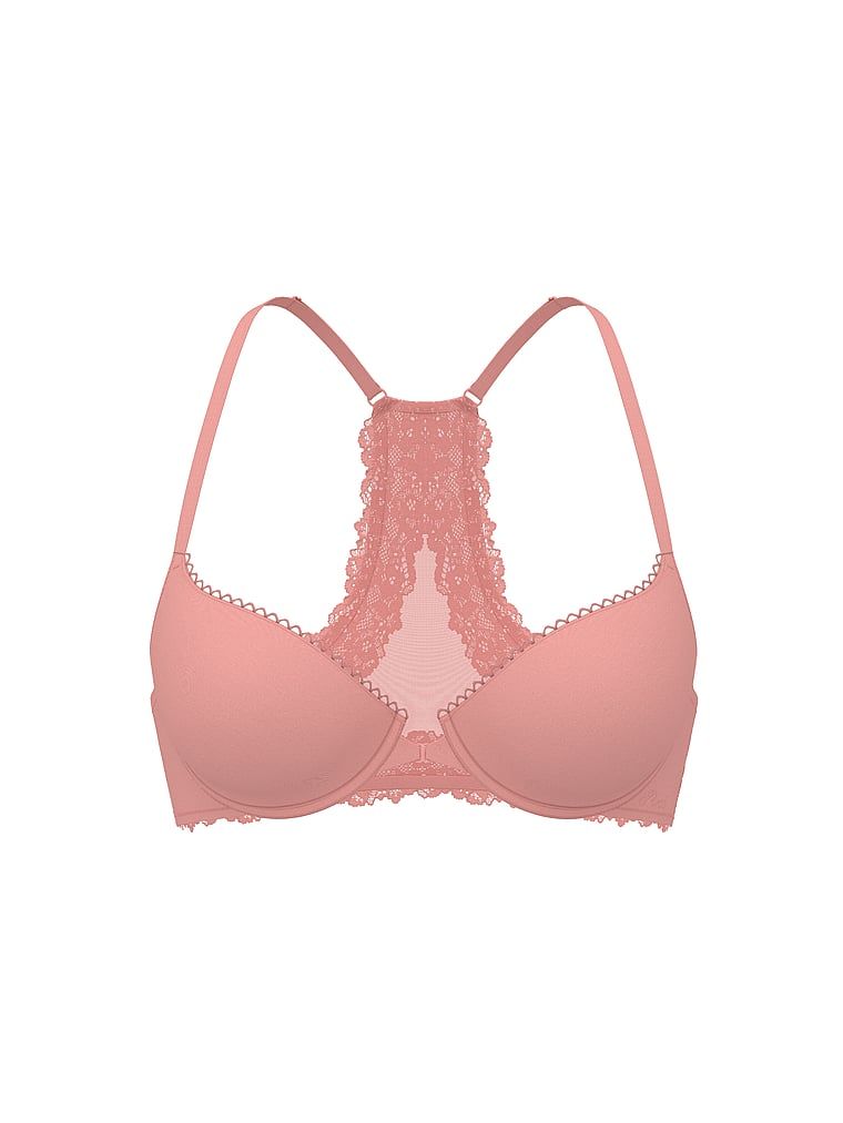 Sutien push-up fixat în față cu dantelă pe spate, Racerback. Produsul este roz și provine din colecția Body by Victoria.