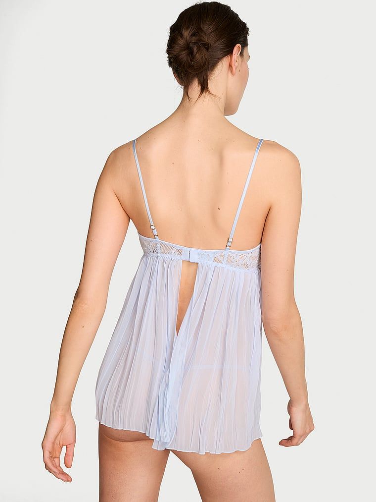 Jupona și tanga Dream Lace Folded Babydoll. Produsul este albastru și provine din colecția Dream Angels.