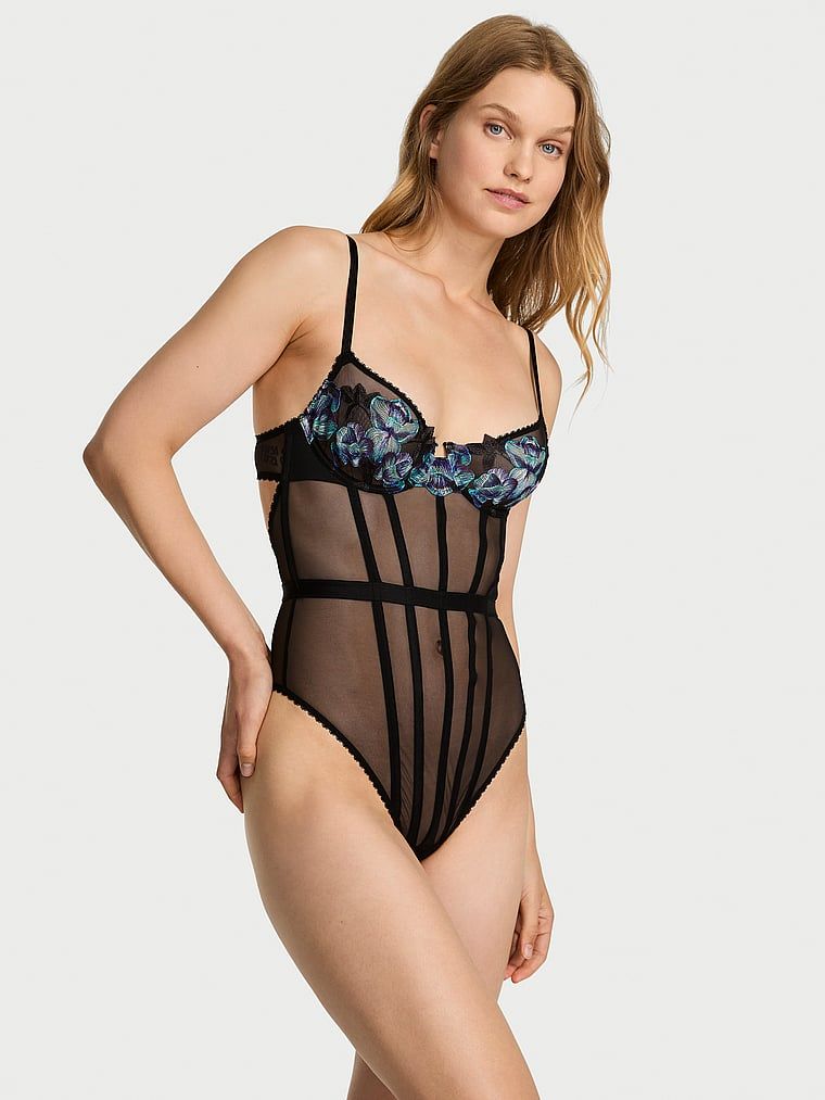 Very Sexy Body transparent cu broderie/motive Electric Orchid