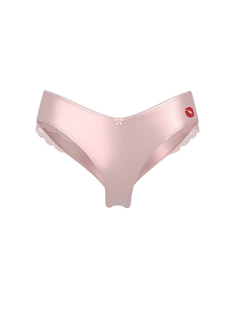 Chiloți de satin cu picioare înalte Tease Kiss Cheeky. Produsul este roz și provine din colecția Victoria's Secret.