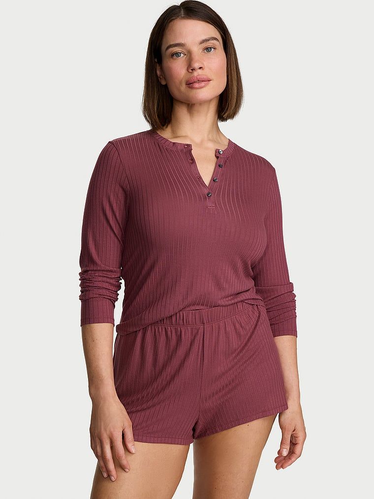 Victoria's Secret Set de casă cu bluză cu mâneci lungi, cu nervuri late, din modal