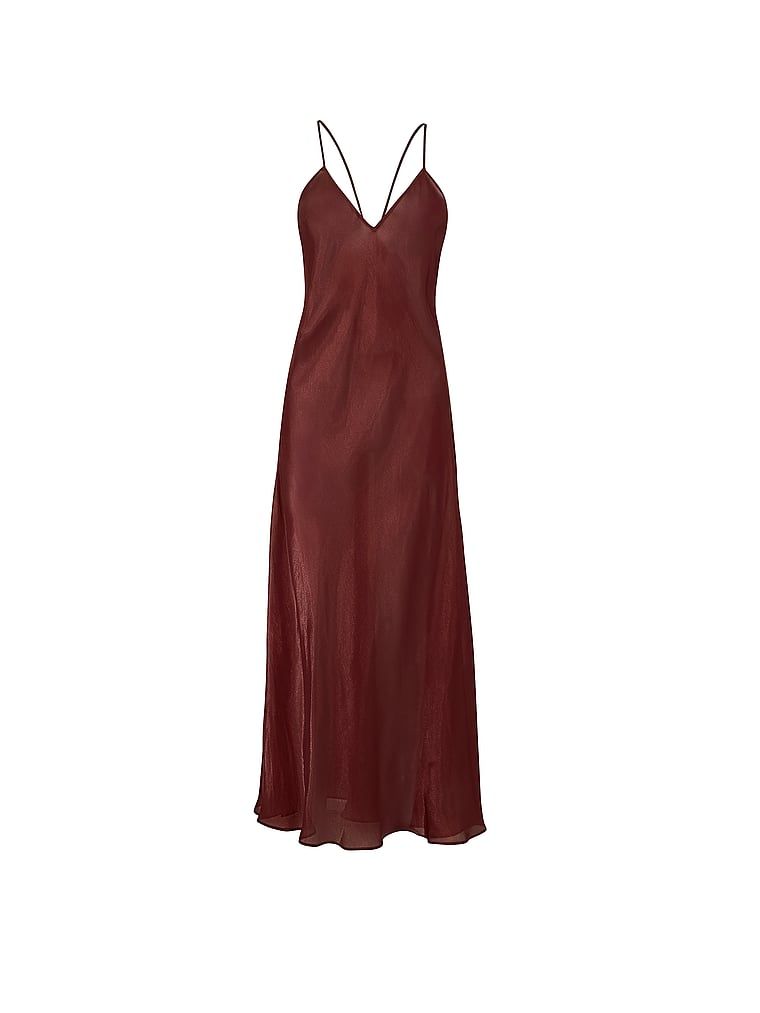 Rochie lungă, transparentă din satin, Luxe Sheer Slip. Produsul este de culoare maro și provine din colecția Victoria's Secret.