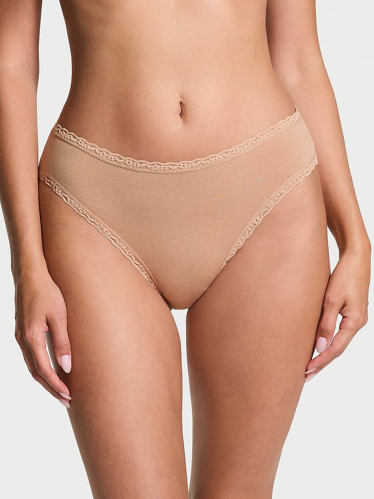 Chiloți din bumbac cu dantelă Lunghi-Trim Bikini. Produsul este bej și provine din colecția Lacie.