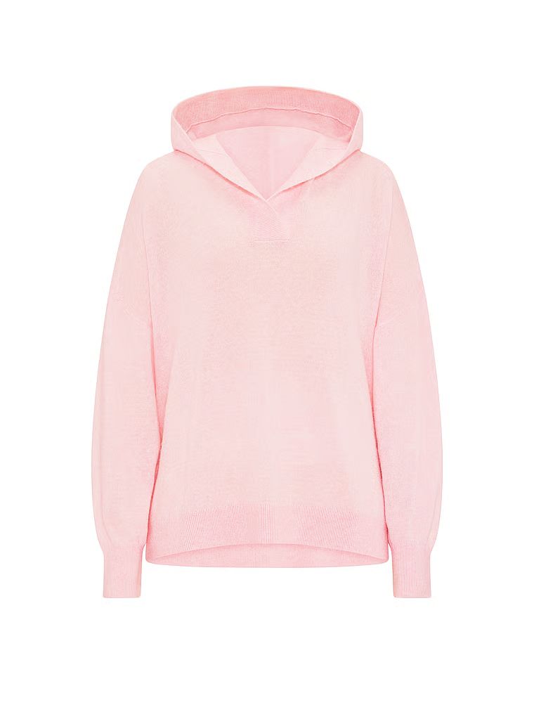 Pulover luxos tricotat cu glugă. Produsul este roz și provine din colecția Victoria's Secret.