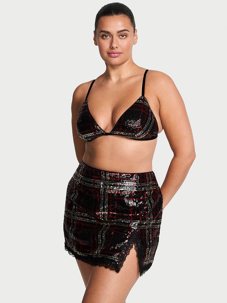 Very Sexy Set cu sutien bralette și fustă cu imprimeu „tartan” cu paiete