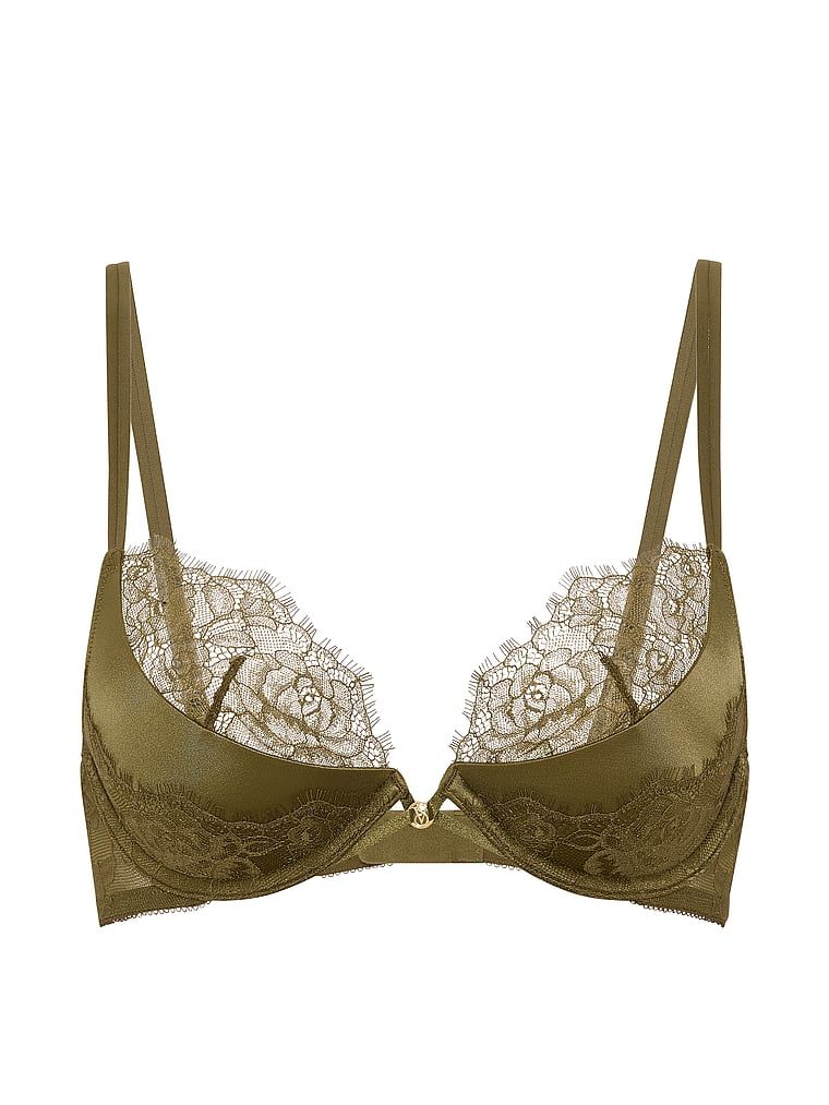 Sutien push-up cu inserții de dantelă cu decolț adânc. Produsul este de culoare verde și provine din colecția Very Sexy.