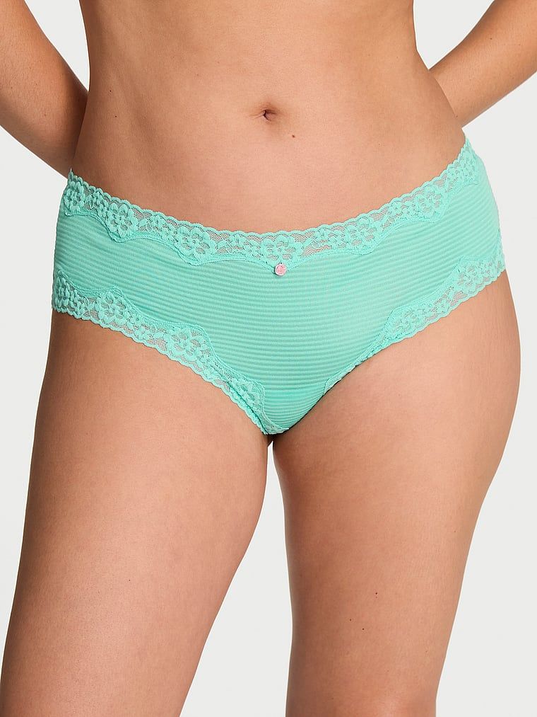 Lace Trim Chiloți Cheeky din bumbac cu talie din dantelă, cu dungi