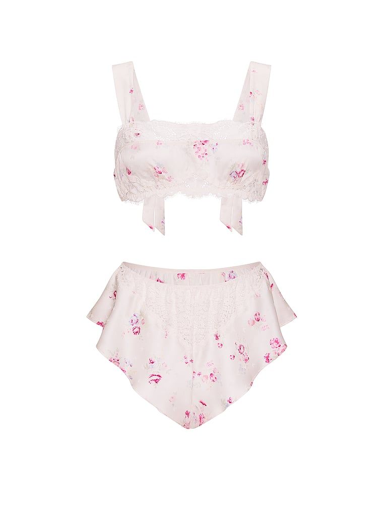Set de satin - bralette și pantaloni scurți Butterflies. Produsul are un model floral și provine din colecția Dream Angels.