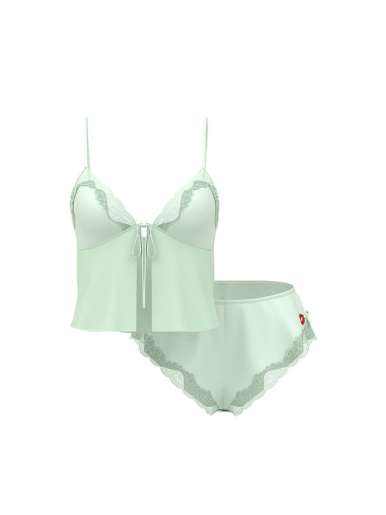 Set de dormit din satin - top și pantaloni scurți Tease. Produsul este de culoare verde și provine din colecția Victoria's Secret.