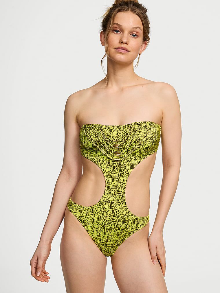 Victorias Secret Swim Costum de baie One-Piece Monokini fără bretele, cu ornamente metalice și barete VS Archives