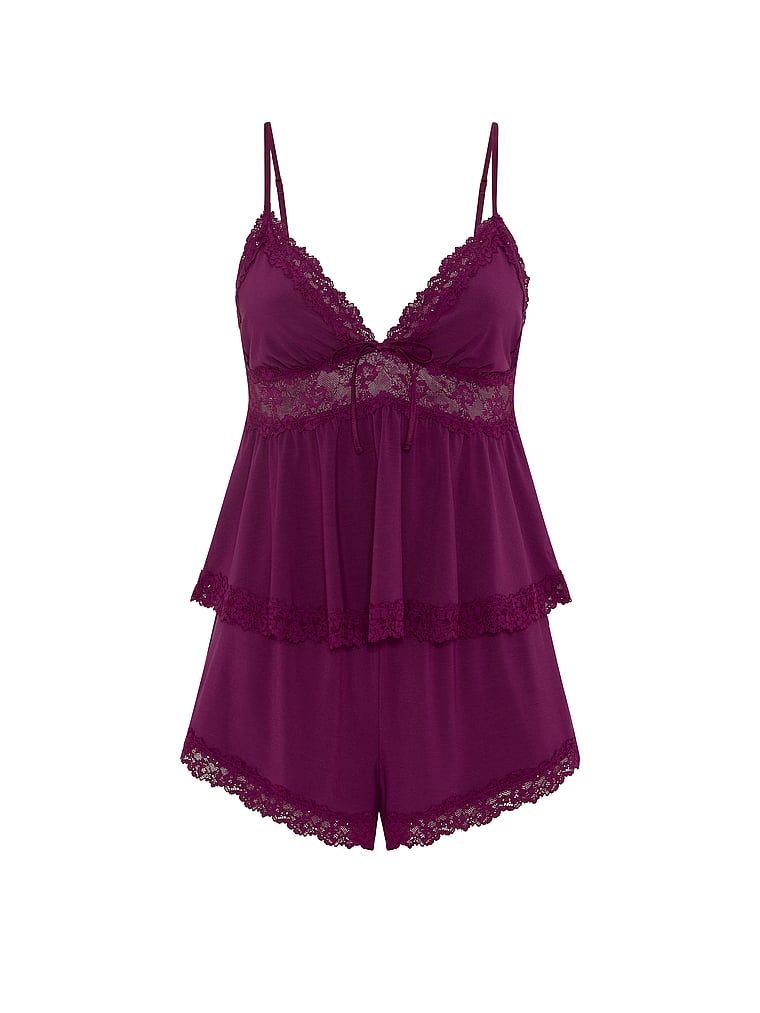 Set de dormit modal - top cu bretele și pantaloni scurți SoSoft. Produsul este de culoare mov și provine din colecția Victoria's Secret.