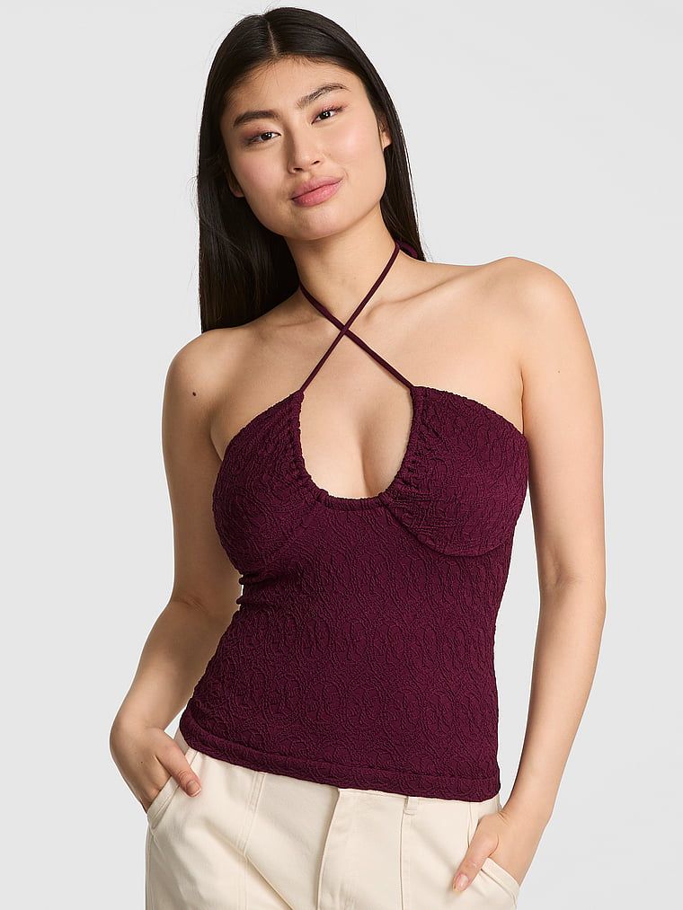 Top Halter din jacquard floral