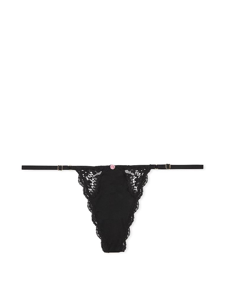 Tanga din dantelă cu bretele reglabile Lace-Trim V-String. Produsul este negru și provine din colecția Dream Angels.