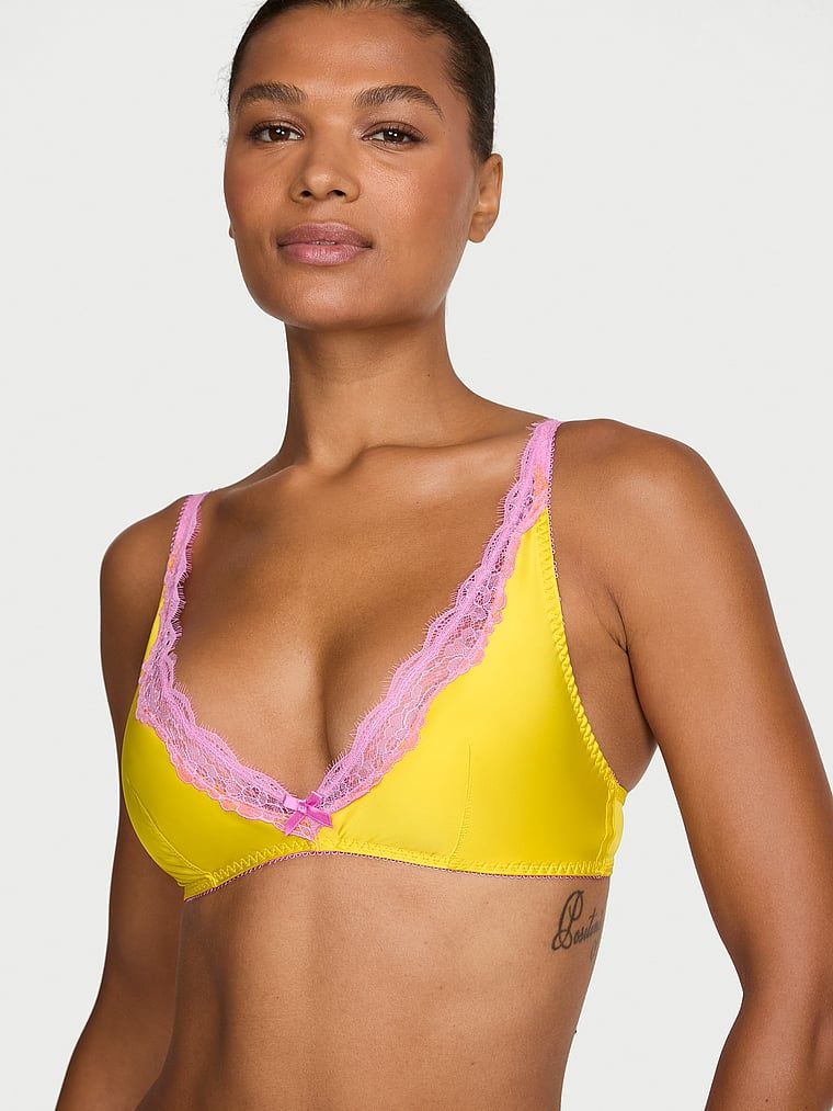 Victoria's Secret Sutien Tease din satin, cu margini din dantelă, fără sârme, cu decolteu adânc