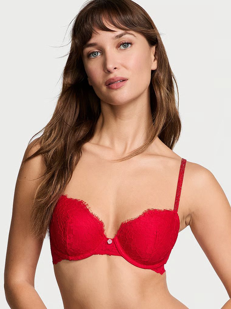Sutien din dantelă ușor căptușit cu Twinkle Strap Demi strălucitor. Produsul este roșu și provine din colecția Dream Angels.