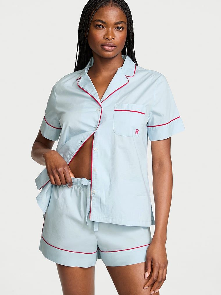 Pijamale din bumbac cu pantaloni scurți Heritage. Produsul este albastru și provine din colecția Victoria's Secret.