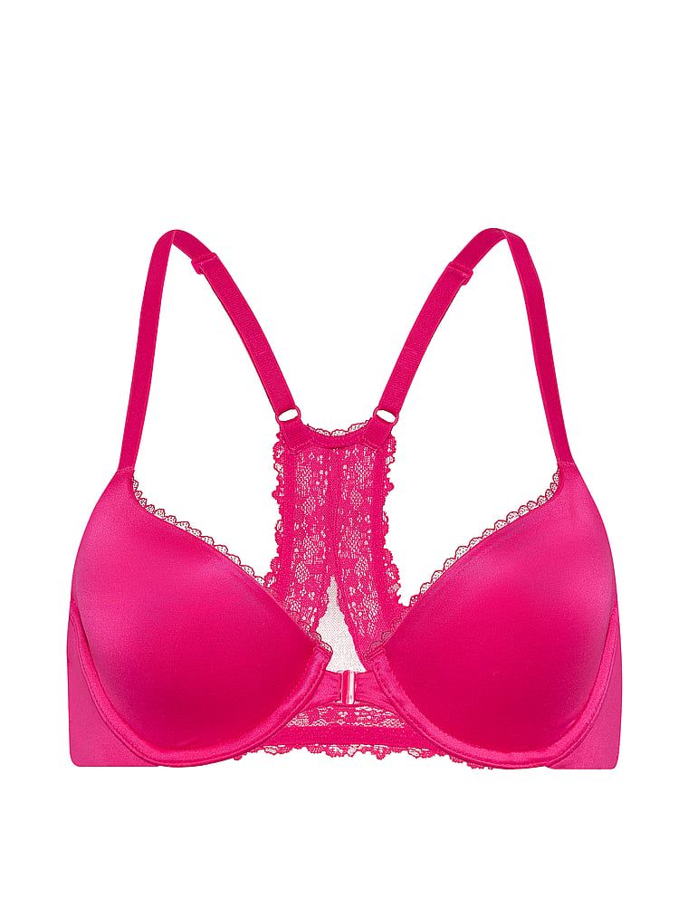 Suten cusut ușor, fixat în față cu dantelă pe spate, Racerback Demi. Produsul este roz și provine din colecția Body by Victoria.