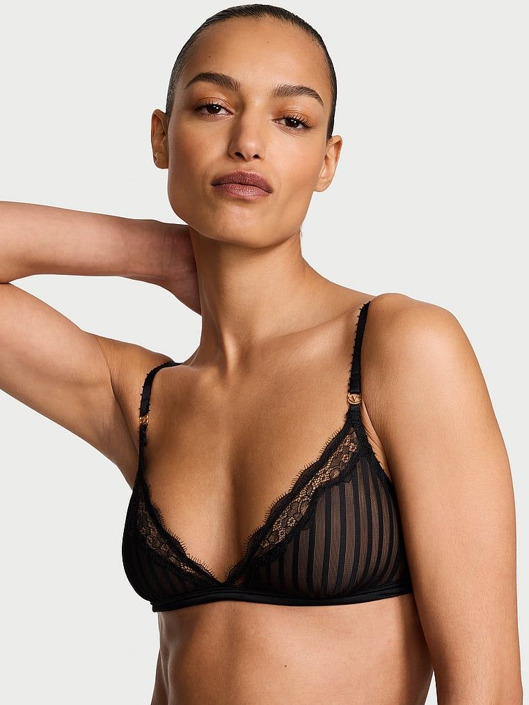 Bralet de sutien cu dungi transparente. Produsul este negru și provine din colecția Victoria's Secret.