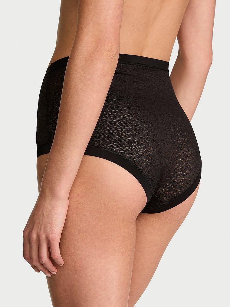 Chiloți leopard, dantelă cu talie înaltă, chiloți de leopard fără apariție. Produsul este negru și provine din colecția No-Show.