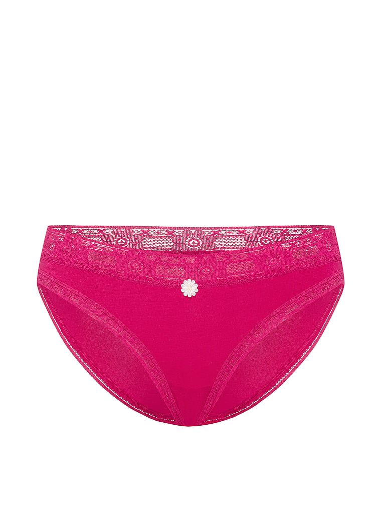 Chiloți din bumbac cu dantelă croșetată Bikini. Produsul este roz și provine din colecția Lace Trim.