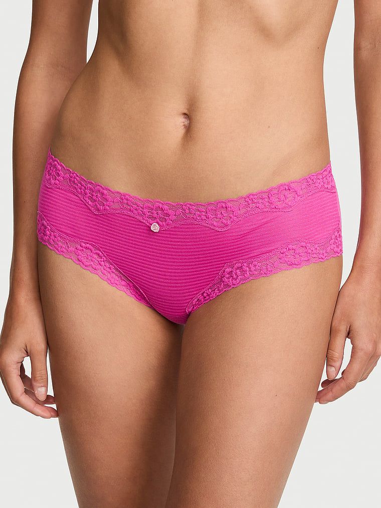 Lace Trim Chiloți Cheeky din bumbac cu talie din dantelă, cu dungi