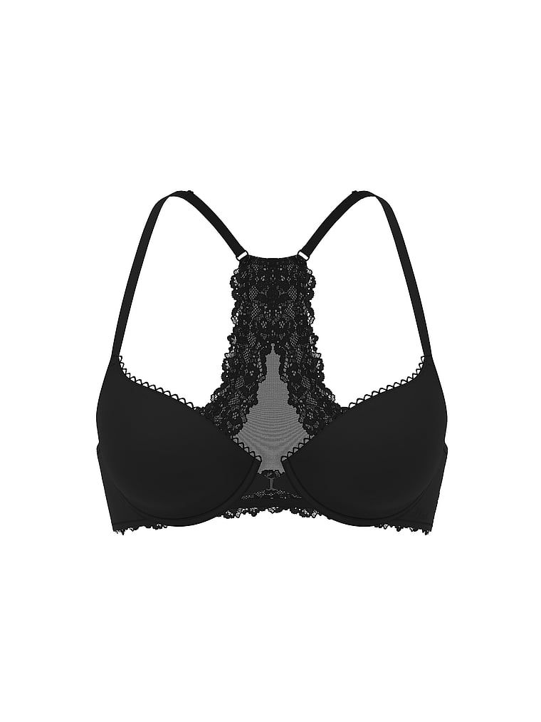 Sutien push-up fixat în față cu dantelă pe spate, Racerback. Produsul este negru și provine din colecția Body by Victoria.