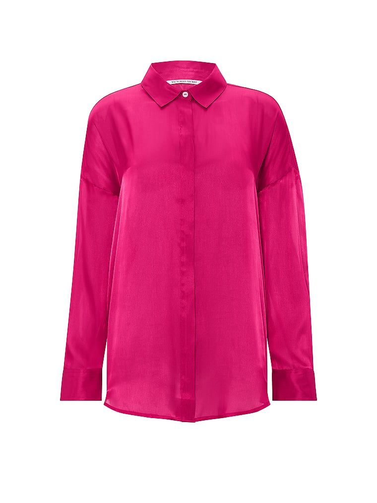 Bluză Luxe Sheer din satin transparent. Produsul este roz și provine din colecția Victoria's Secret.
