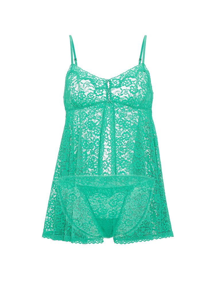 Jupon și chiloți din dantelă Babydoll Flyaway Keyhole. Produsul este verde și provine din colecția Victoria's Secret.