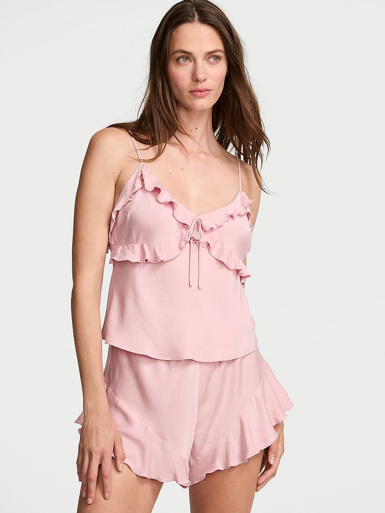 Set de dormit modal - top cu bretele și pantaloni scurți. Produsul este roz și provine din colecția Dream Angels.
