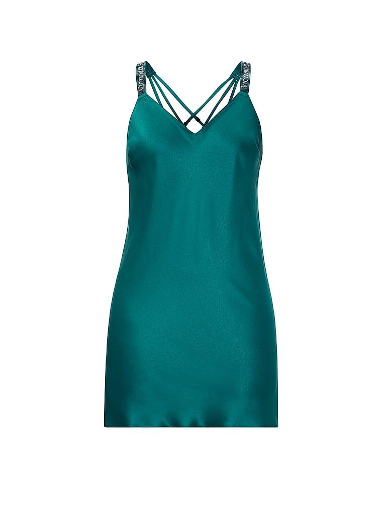 Cămașă de noapte din satin cu bretele și dungi lucioase pe spate, Shine Strap Slip. Produsul este de culoare albastră și provine din colecția Very Sexy.