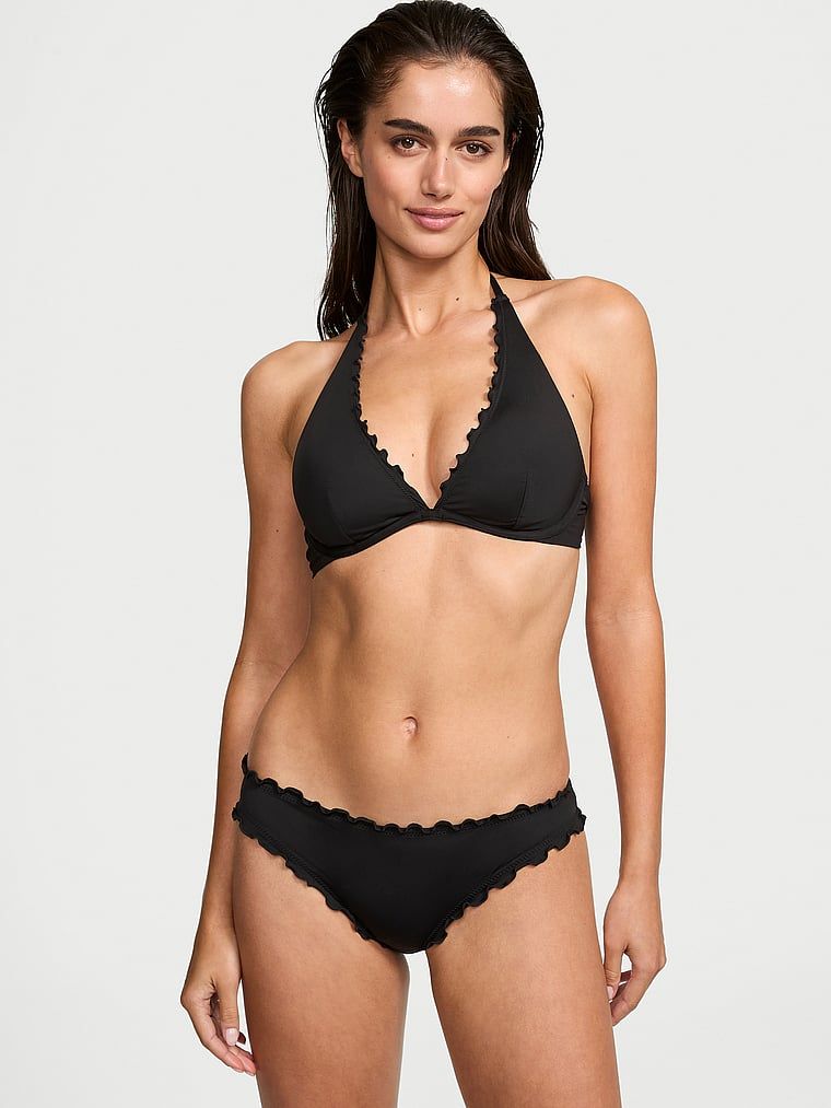Partea de jos de bikini Cheeky încrețită esențială. Produsul este negru și provine din colecția Victoria's Secret Swim.