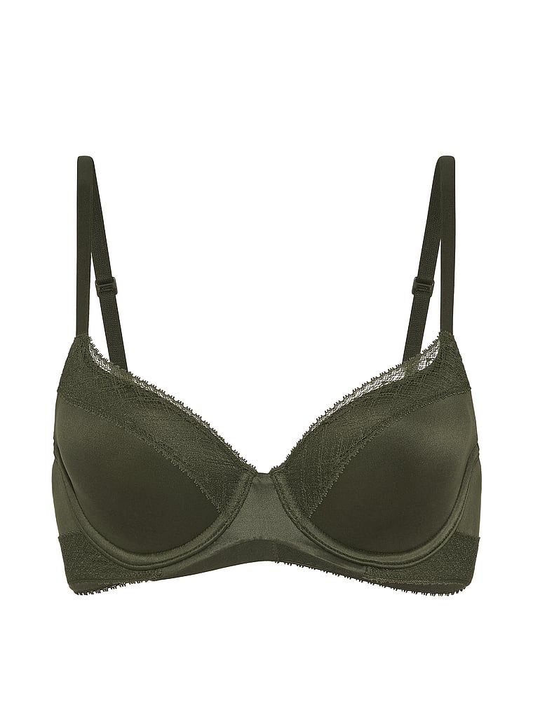 Sutien ușor căptușit, cu inserții demi din dantelă. Produsul este verde și provine din colecția Body by Victoria.