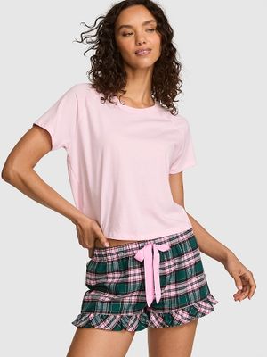 PINK Pantaloni scurți de pijama Favorite Flannel cu volan