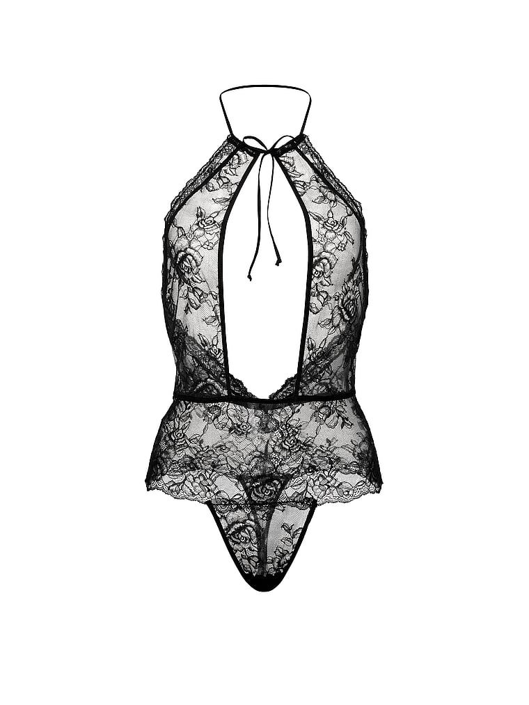 Costum cu dantelă înaltă din dantelă roz. Produsul este negru și provine din colecția Very Sexy.