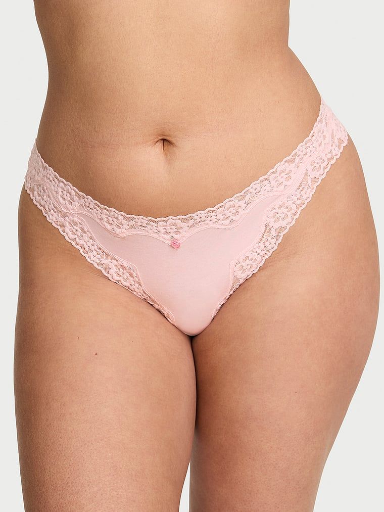 Lace Trim Chiloți Tanga din bumbac, cu talie din dantelă