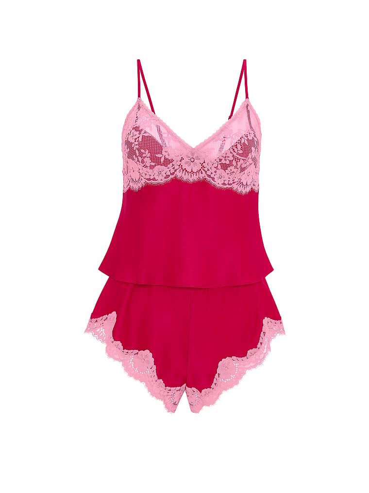 Set de dormit din satin cu dantelă. Produsul este roz și provine din colecția Dream Angels.
