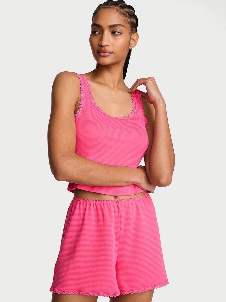Set de dormit din bumbac - top și pantaloni scurți Shadow Stripe. Produsul este roz și provine din colecția Victoria's Secret.