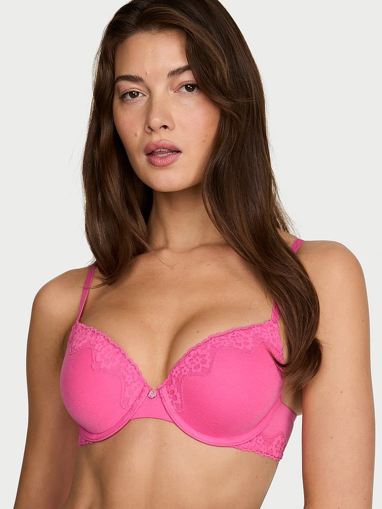 T-shirt Sutien Push-up din bumbac, cu margini din dantelă, Perfect Shape