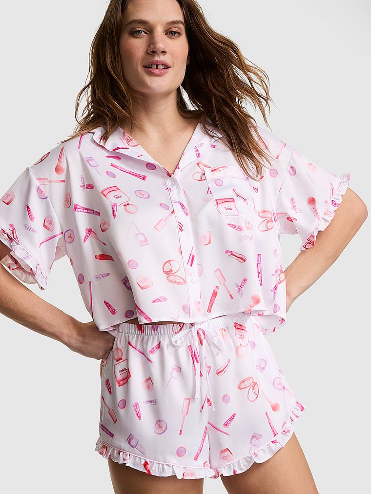 Set de pijama satinat GRWPINK: cămașă cu mânecă scurtă și șorturi