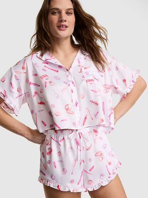 Set de pijama satinat GRWPINK: cămașă cu mânecă scurtă și șorturi