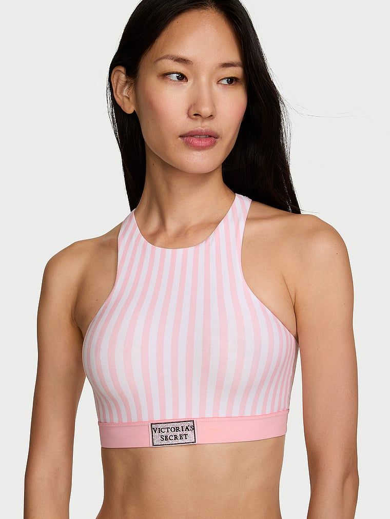 T-shirt Bustieră Bralette din bumbac fără căptușeală, cu guler înalt și aplicație strălucitoare