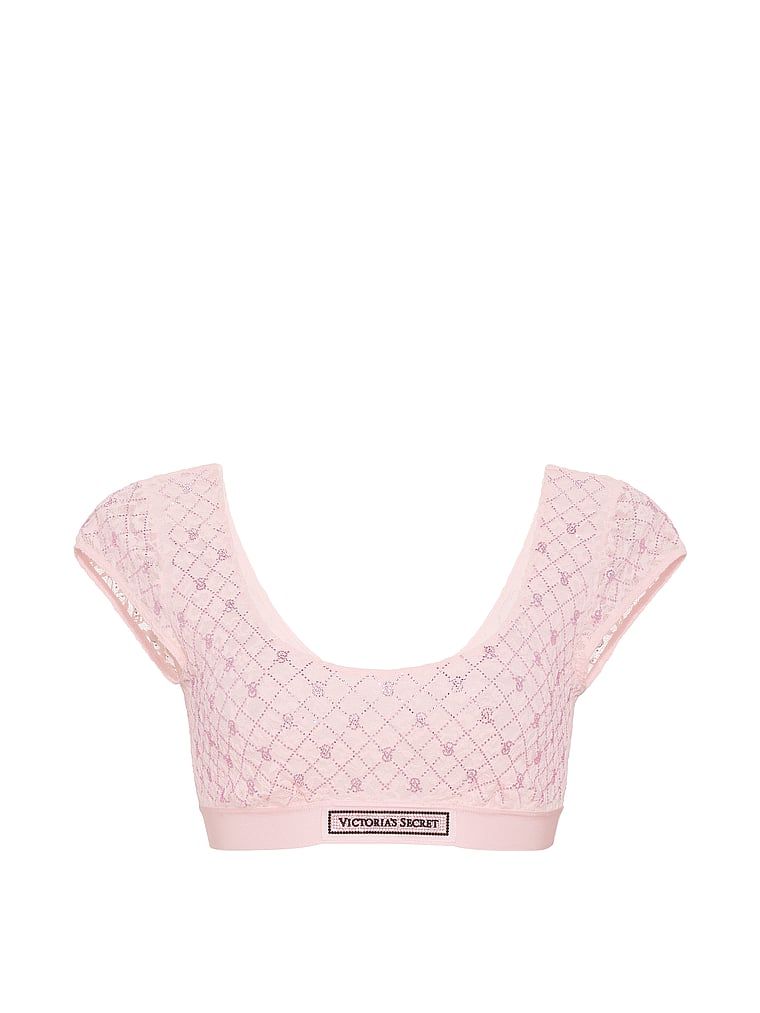 Sutiene bralet din dantelă cu mâneci și logo-ul Shine. Produsul este roz și provine din colecția de tricouri.